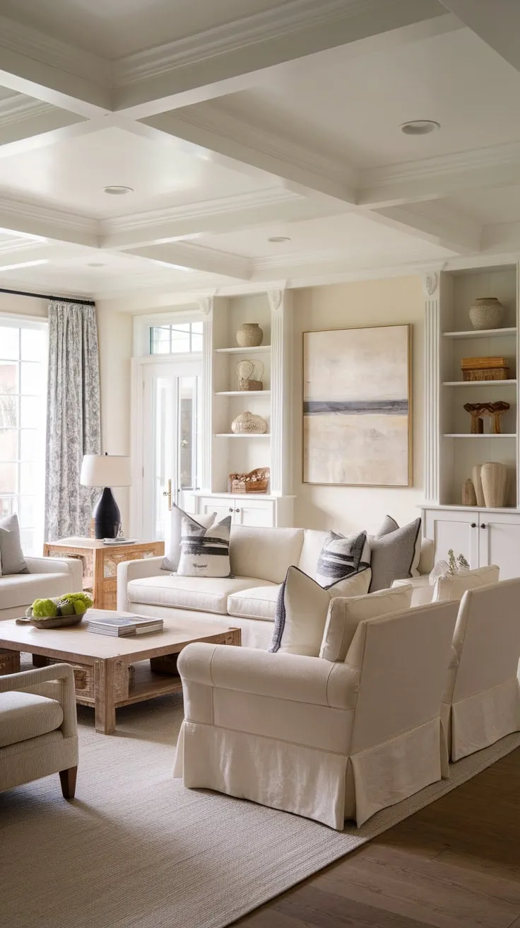 Elegant beige and white French-inspired living room evokes a timeless Nancy Meyers coastal charm