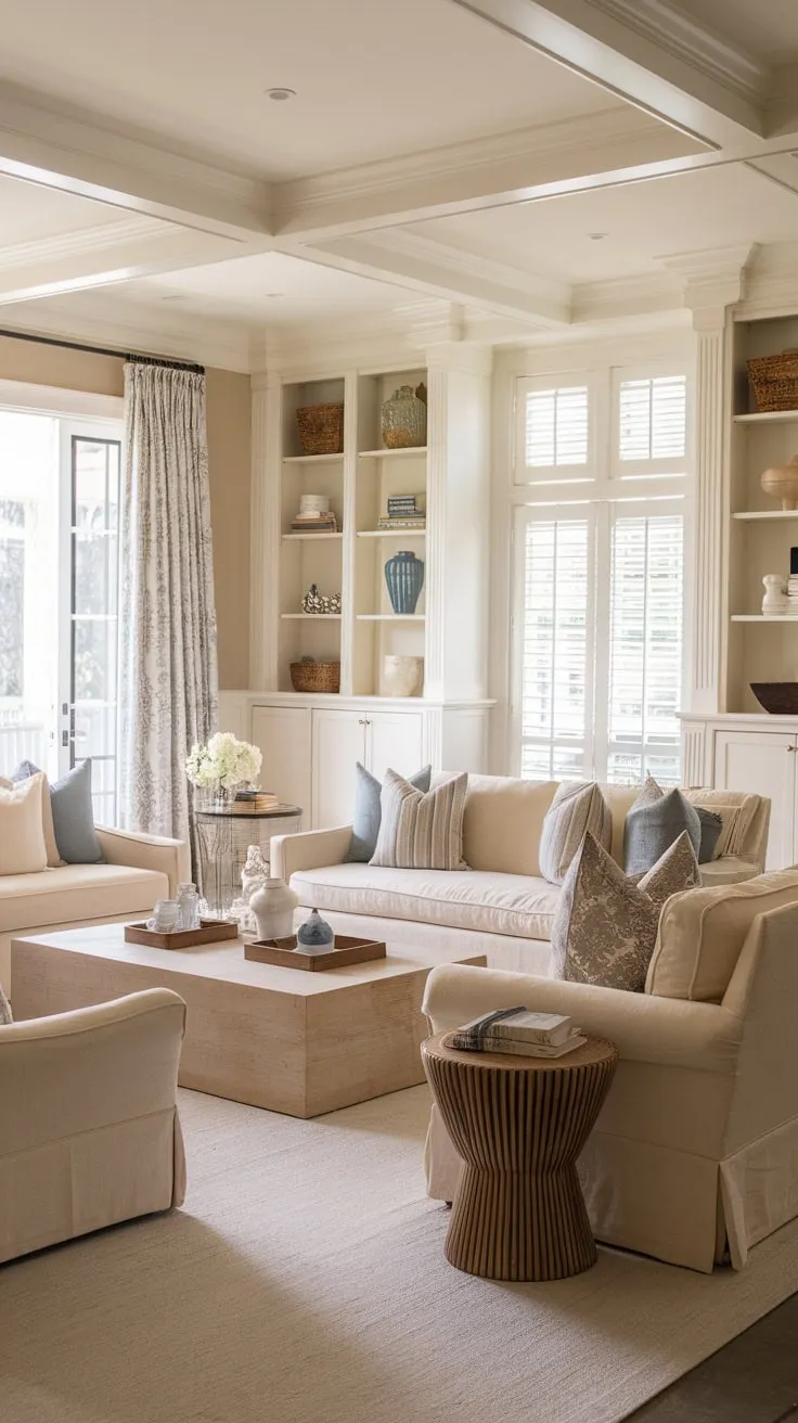 Subtle coastal vibes meet classic French charm in this elegant beige living room with wood and white accents.