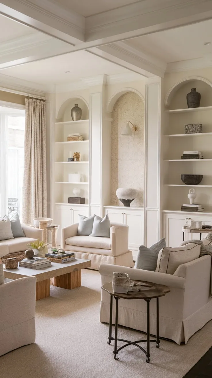 Subtle coastal vibes blend with classic French design in this airy beige living room, complete with wood accents and matching sofas.