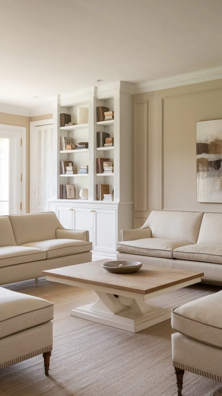 A sophisticated coastal living room blends French-inspired details with modern classic furniture for a relaxed yet elegant Nancy Myers aesthetic.