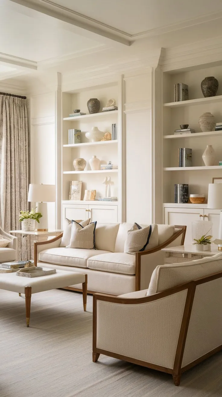 Subtle coastal vibes meet classic French design in this airy beige living room with built-ins and matching sofas, creating a sophisticated yet relaxed atmosphere.