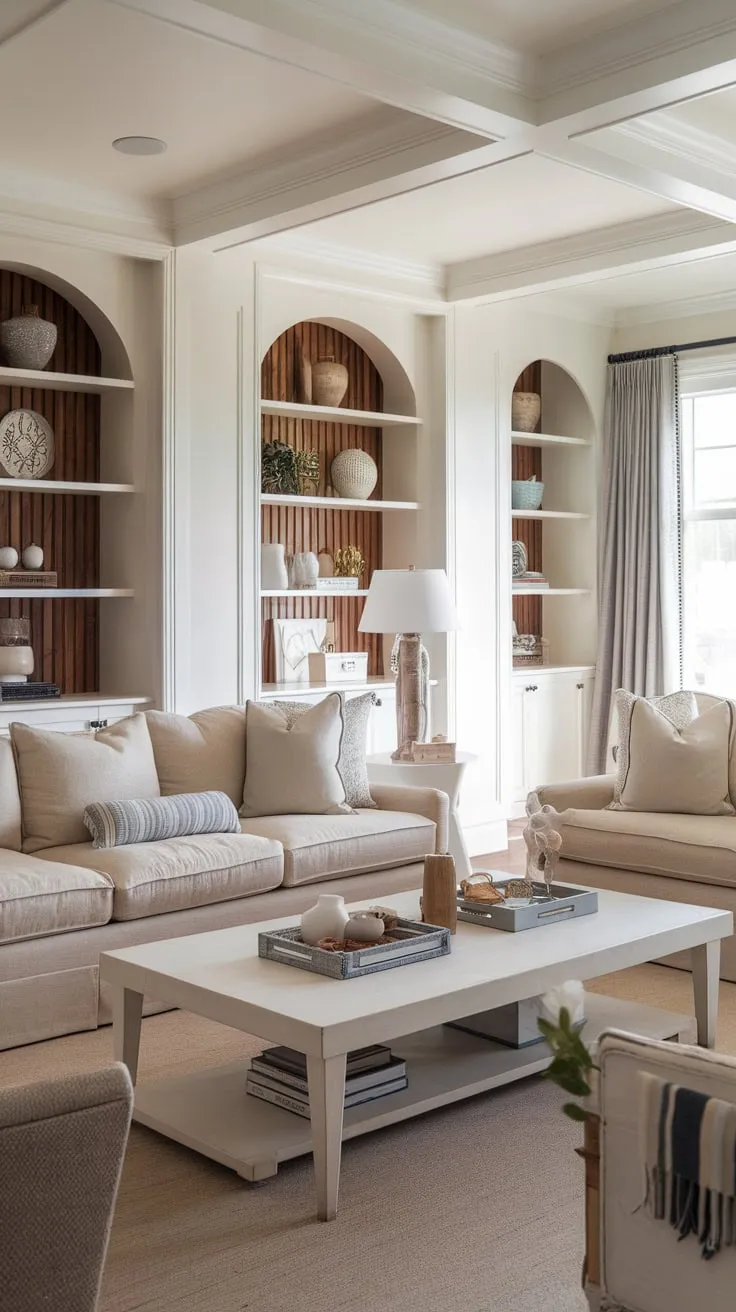 A modern classic living room blends French-inspired wood and white decor with coastal vibes for a sophisticated, airy feel.