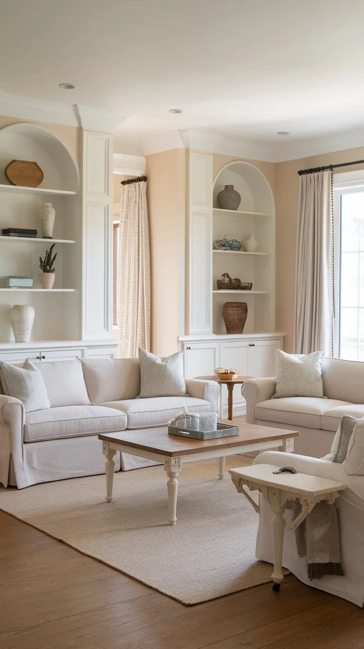 A modern classic living room blends French design with coastal charm, featuring beige tones, wood accents, and stylish built-ins.