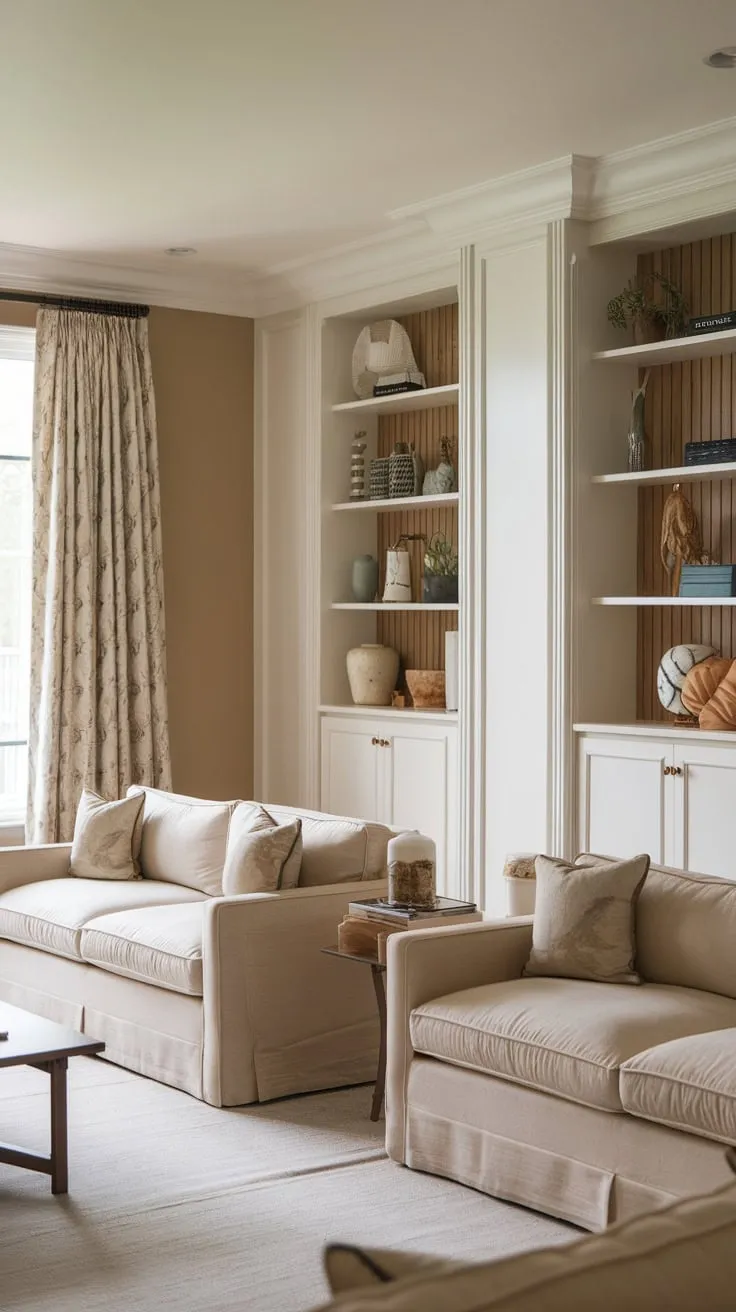 Coastal-inspired beige and white French design defines this modern classic living room's tranquil elegance