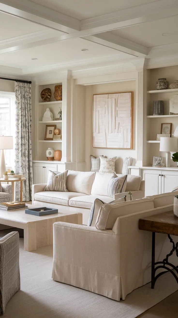 A beige and white coastal living room, reminiscent of Nancy Meyers' style, blends French-inspired elegance with modern classic comfort.