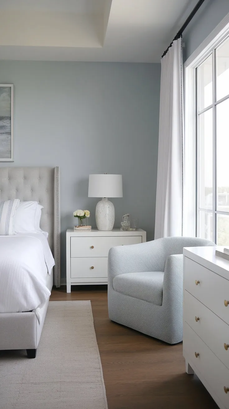 Escape to your own private oasis with this main bedroom's tranquil modern coastal design.  The spacious feel, modern bed, and thoughtful master bedroom decor create the perfect bedroom aesthetic for a peaceful night's sleep.