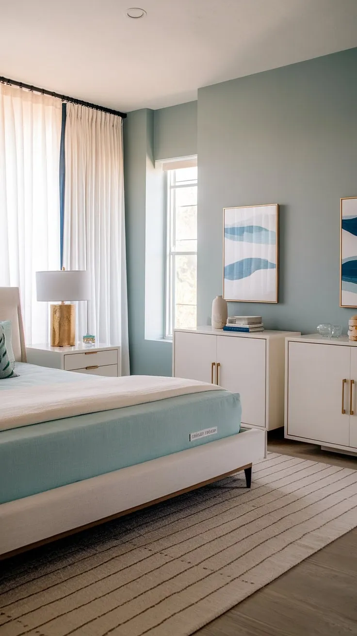 Wake up to the calming rhythm of the sea in this modern coastal primary bedroom.  The serene aesthetic, featuring a modern bed and thoughtful master bedroom decor, creates the perfect main bedroom retreat.