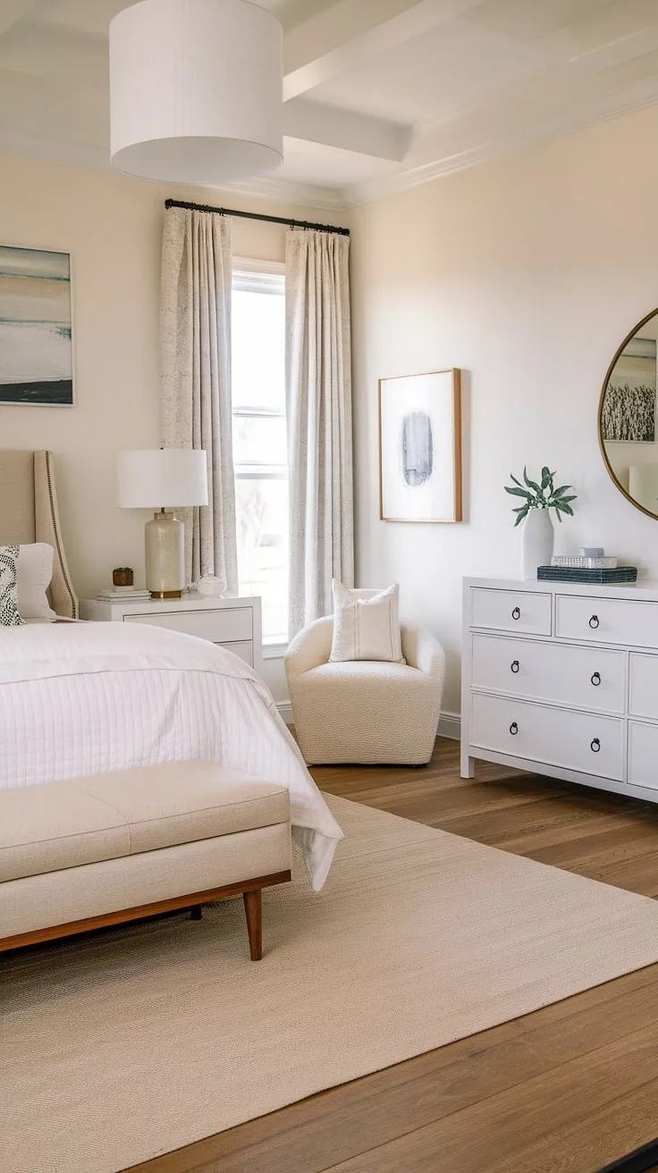 Wake up to the calming rhythm of the ocean in this modern coastal primary bedroom.  The sophisticated master bedroom decor and modern bed create a serene bedroom aesthetic perfect for relaxation.