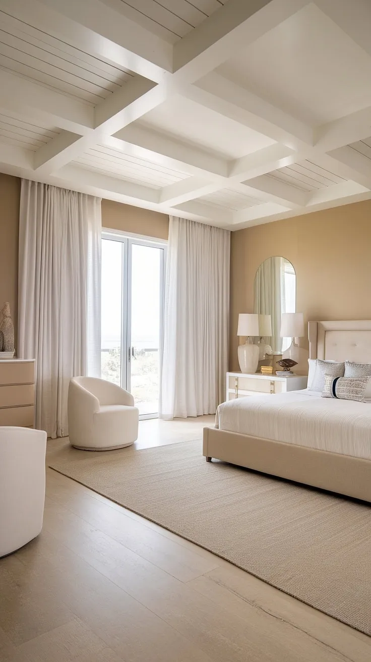 Escape to your own private sanctuary in this main bedroom.  The modern bed and minimalist furniture create a tranquil space, while the large window and flowing curtains bring the coastal breeze inside. This modern coastal bedroom is the epitome of relaxed elegance, a perfect example of stunning master bedroom decor and a beautiful bedroom aesthetic.