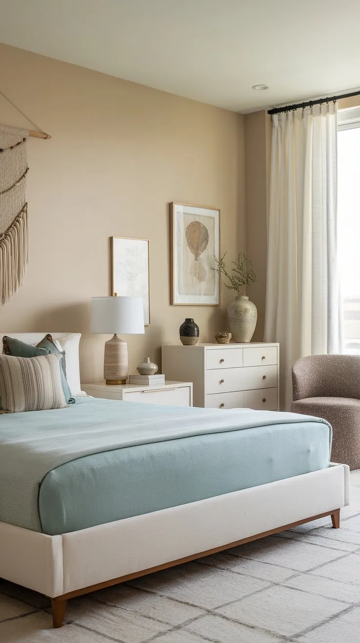 Wake up to the calming rhythm of the ocean in this modern coastal primary bedroom.  The sophisticated master bedroom decor and modern bed create a serene bedroom aesthetic perfect for relaxation.
