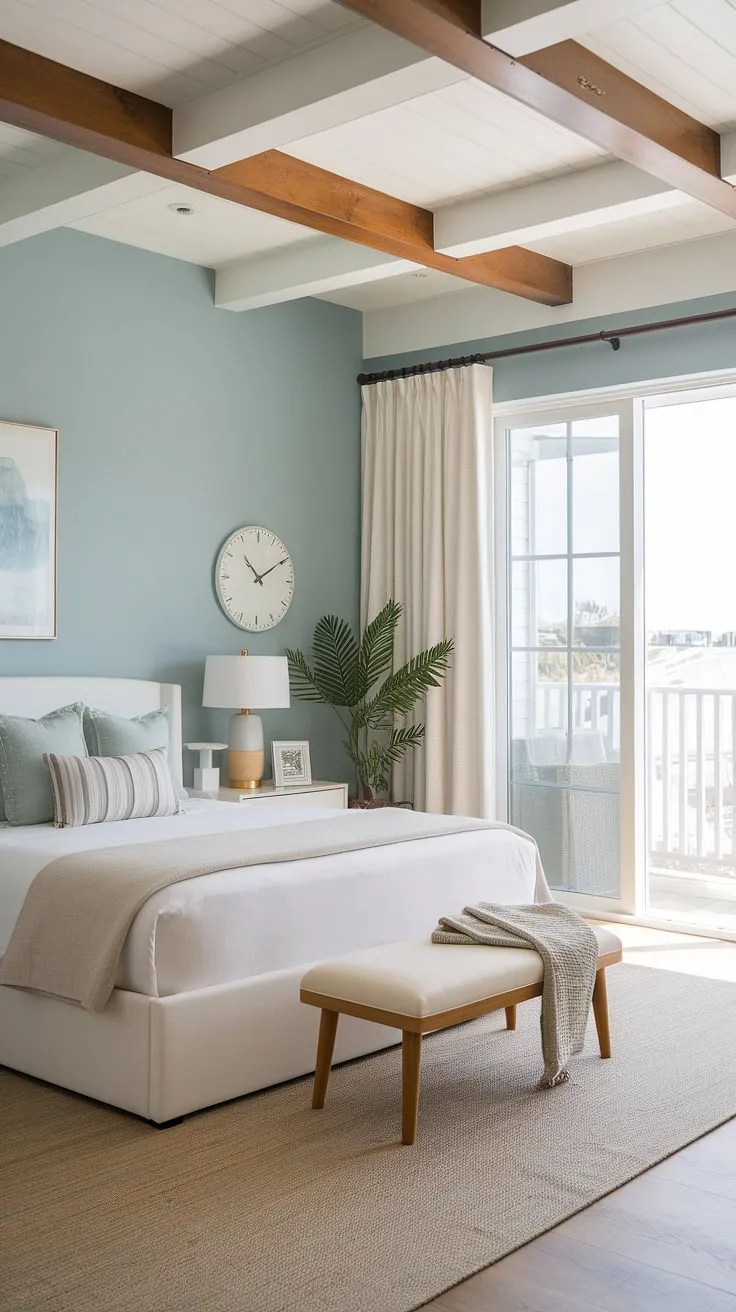 Escape to tranquility in this main bedroom, a stunning example of modern coastal bedroom design.  The airy space, complete with a modern bed and calming color palette, embodies the perfect bedroom aesthetic.  This master bedroom decor is the epitome of coastal chic, effortlessly blending style and comfort.
