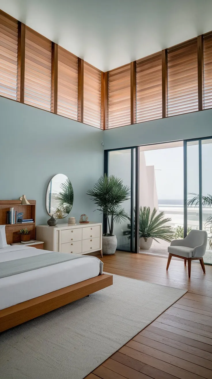 Wake up to the calming rhythm of the ocean in this modern coastal primary bedroom.  The serene aesthetic, featuring a modern bed and thoughtful master bedroom decor, creates the perfect main bedroom retreat.