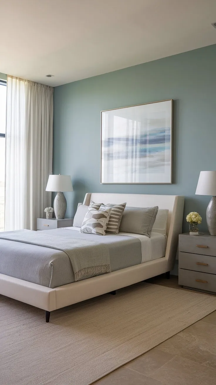 This main bedroom embodies modern coastal living at its finest.  The carefully curated master bedroom decor and modern bed contribute to a stunning bedroom aesthetic, transforming this space into a tranquil retreat.