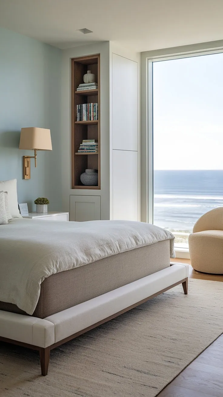 This main bedroom embodies modern coastal living at its finest.  The king-size bed, large window showcasing stunning ocean vistas, and thoughtful details like the beige area rug and white cabinet contribute to a sophisticated and inviting bedroom aesthetic.  A true master bedroom decor dream.