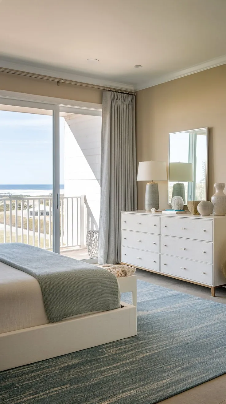 Wake up to breathtaking ocean views in this modern coastal primary bedroom.  The calming aesthetic and modern bed create the perfect master bedroom decor for a relaxing retreat.