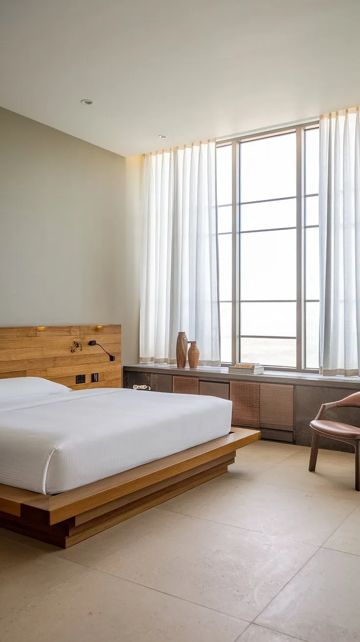 Wake up to breathtaking ocean views in this modern coastal primary bedroom.  The calming aesthetic and modern bed create the perfect master bedroom decor for a relaxing retreat.