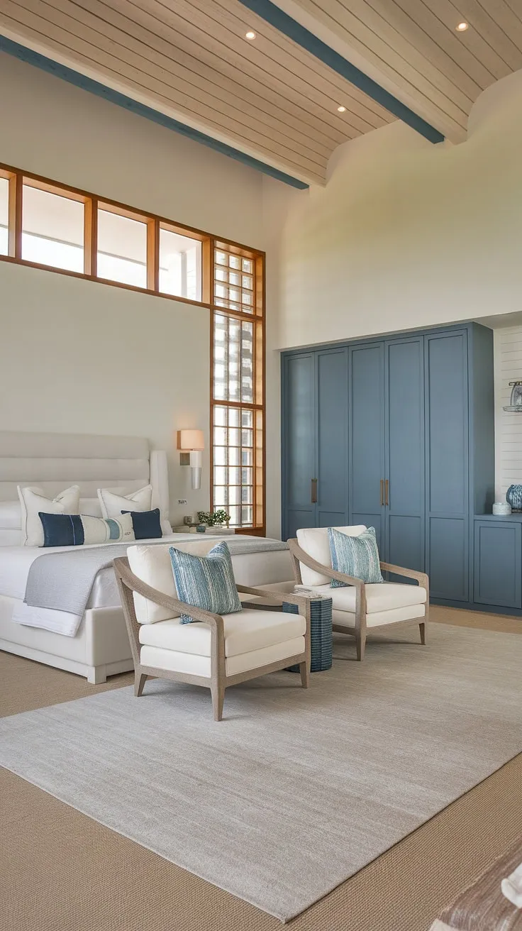 Wake up to the calming rhythm of the ocean in this modern coastal primary bedroom.  The sophisticated master bedroom decor and modern bed create a serene bedroom aesthetic perfect for relaxation.