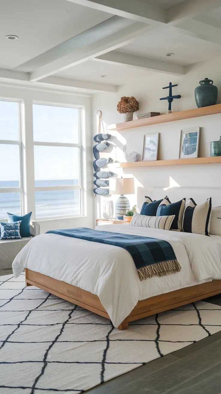 This main bedroom boasts a stunning modern coastal bedroom aesthetic.  The master bedroom decor, including the modern bed and calming blue accents, perfectly complements the expansive ocean views.  A true primary bedroom sanctuary.