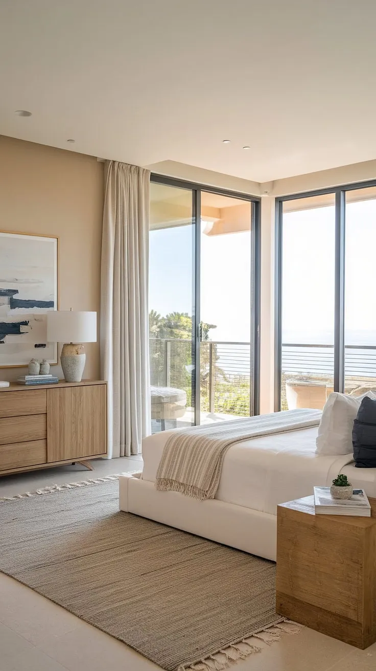 This main bedroom embodies modern coastal living at its finest.  The carefully curated master bedroom decor and modern bed contribute to a stunning bedroom aesthetic, transforming this space into a tranquil retreat.