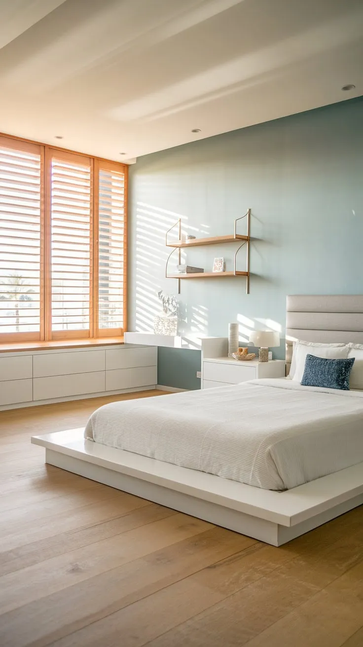 Serene and sophisticated, this modern coastal bedroom offers the perfect blend of style and comfort.  The modern bed, paired with calming blue walls and natural light streaming through the louvered window, creates a truly relaxing primary bedroom aesthetic. This master bedroom decor is the epitome of coastal chic.