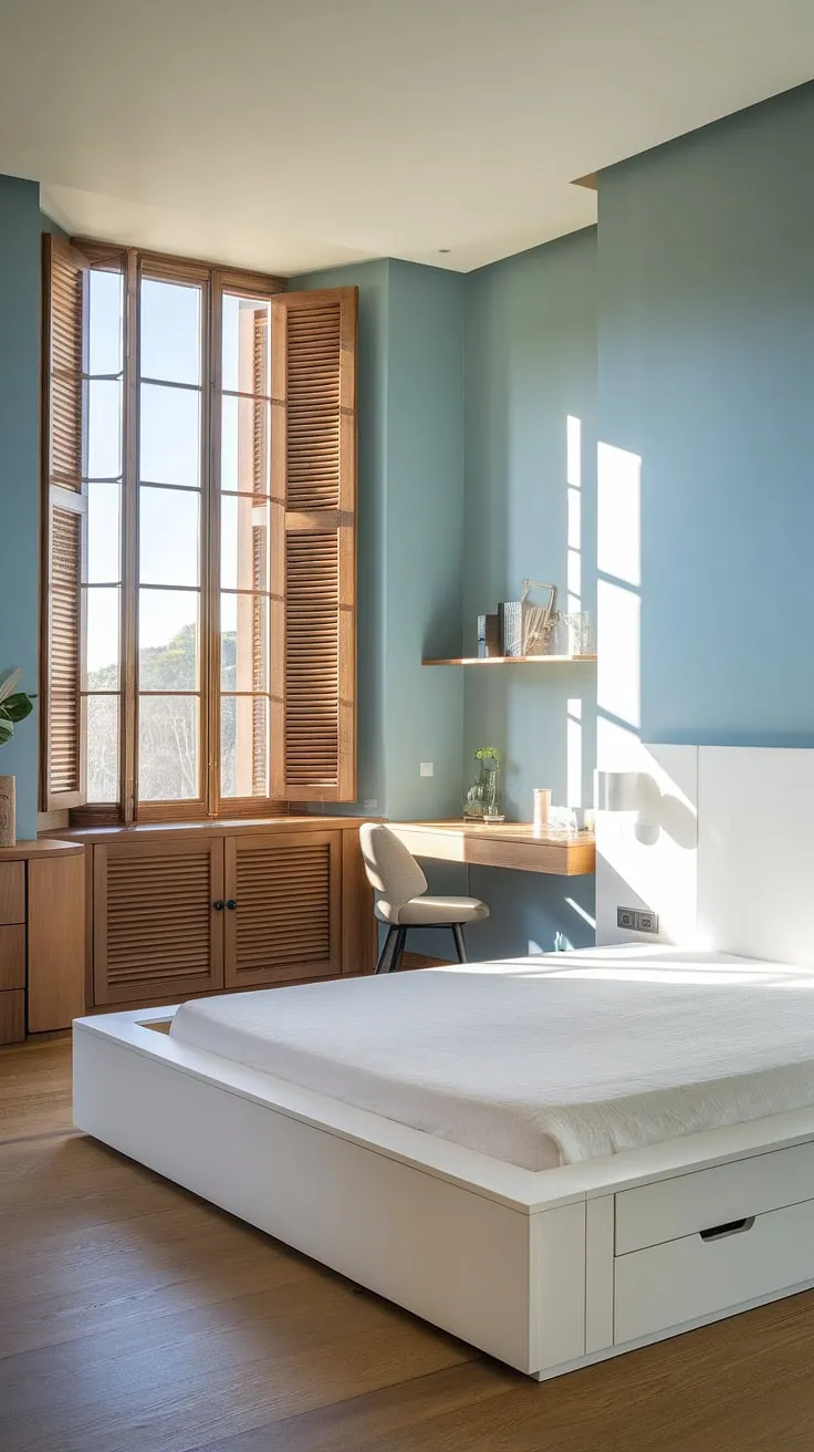 This main bedroom embodies modern coastal living.  The sophisticated bedroom aesthetic and modern bed make it the ultimate sanctuary, perfect for a restful night's sleep.