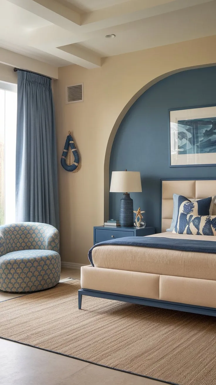 This main bedroom embodies modern coastal living at its finest.  The carefully curated master bedroom decor and modern bed contribute to a stunning bedroom aesthetic, making it the perfect sanctuary.