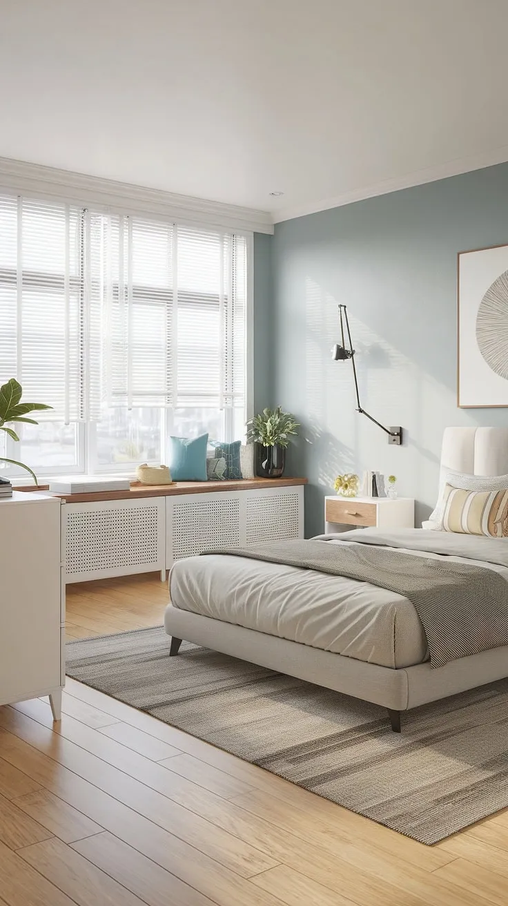 This main bedroom embodies the ultimate bedroom aesthetic.  A modern bed anchors the space, while the light wood floors and large window flood this modern coastal bedroom with natural light.  The result? A sophisticated and inviting primary bedroom design that's perfect for relaxation.