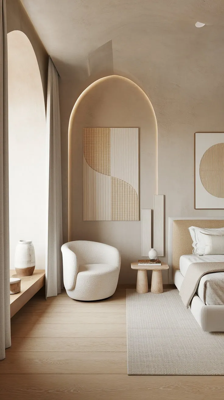 This main bedroom embodies the ultimate modern coastal bedroom aesthetic.  The neutral palette, textured walls, and modern bed create a sophisticated and inviting atmosphere.  Every detail, from the artwork to the white chair, contributes to the tranquil master bedroom decor.