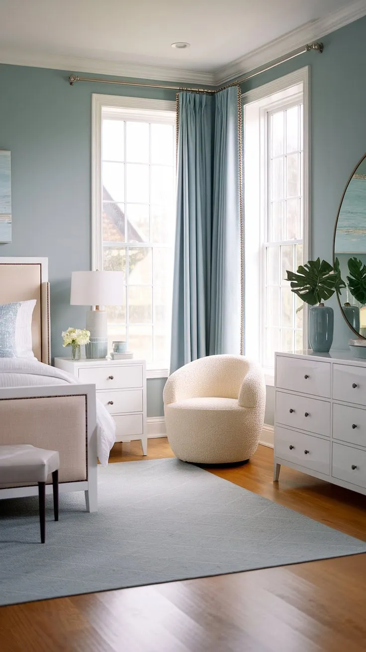 Wake up to the calming rhythm of the sea in this modern coastal primary bedroom.  The serene aesthetic, featuring a modern bed and thoughtful master bedroom decor, creates the perfect main bedroom retreat.