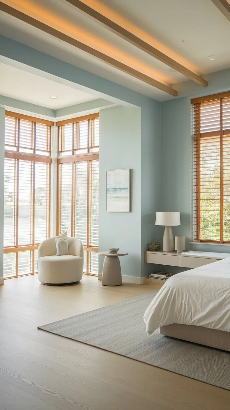 Wake up to breathtaking ocean views in this modern coastal primary bedroom.  The calming aesthetic and modern bed create the perfect master bedroom decor for a relaxing retreat.