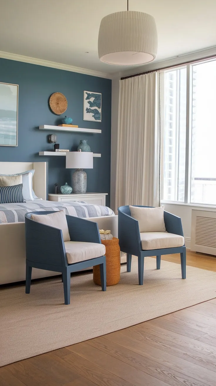 Wake up to the calming rhythm of the ocean in this modern coastal primary bedroom.  The sophisticated master bedroom decor and modern bed create a serene bedroom aesthetic perfect for relaxation.
