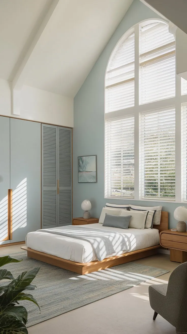 This main bedroom embodies modern coastal living at its finest.  The carefully curated master bedroom decor and modern bed contribute to a stunning bedroom aesthetic, transforming this space into a tranquil retreat.