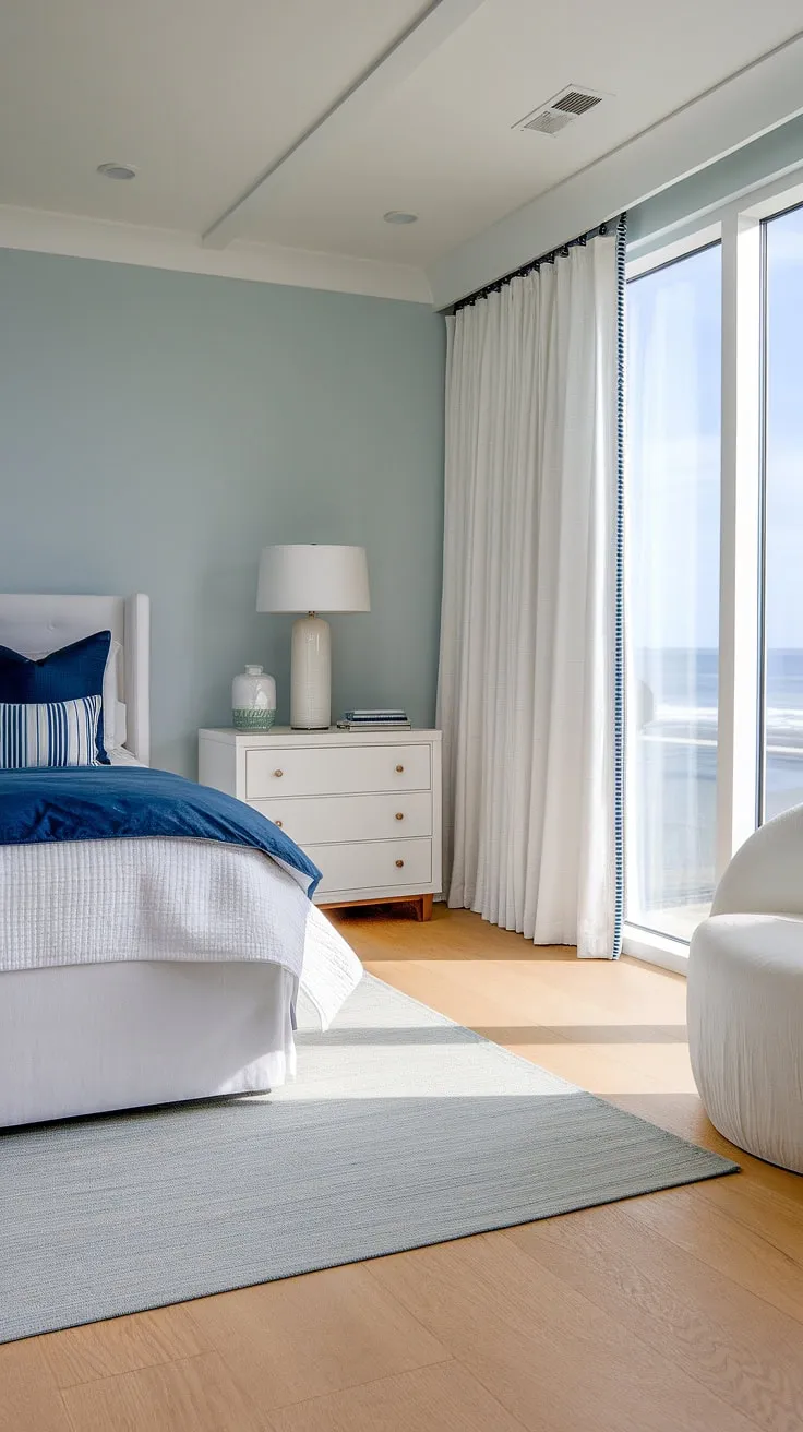 This modern coastal bedroom is the epitome of coastal living.  The master bedroom decor, including the modern bed and light blue walls, perfectly complements the stunning ocean view.  This main bedroom offers a sophisticated yet relaxed bedroom aesthetic, ideal for a primary bedroom retreat.