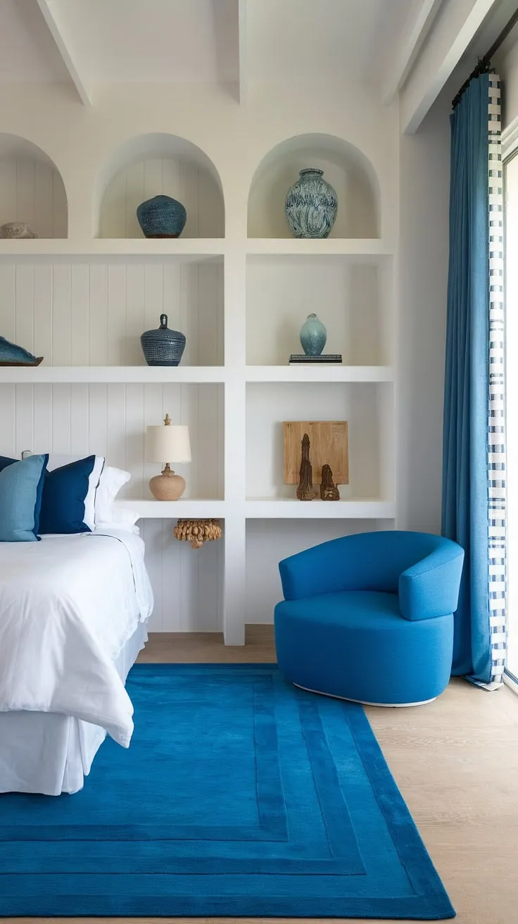 Wake up to the calming rhythm of the ocean in this modern coastal primary bedroom.  The serene aesthetic, featuring a modern bed and thoughtful master bedroom decor, creates the perfect main bedroom retreat.