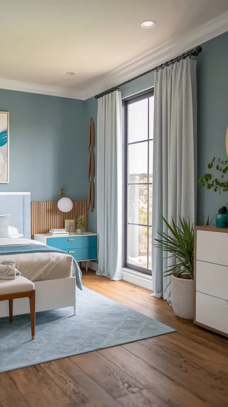 This main bedroom's modern coastal bedroom aesthetic is pure bliss.  The modern bed, complemented by the calming blue tones and thoughtful master bedroom decor, transforms this primary bedroom into a sanctuary of peace and style.  A perfect example of how to achieve a sophisticated yet relaxed bedroom aesthetic.