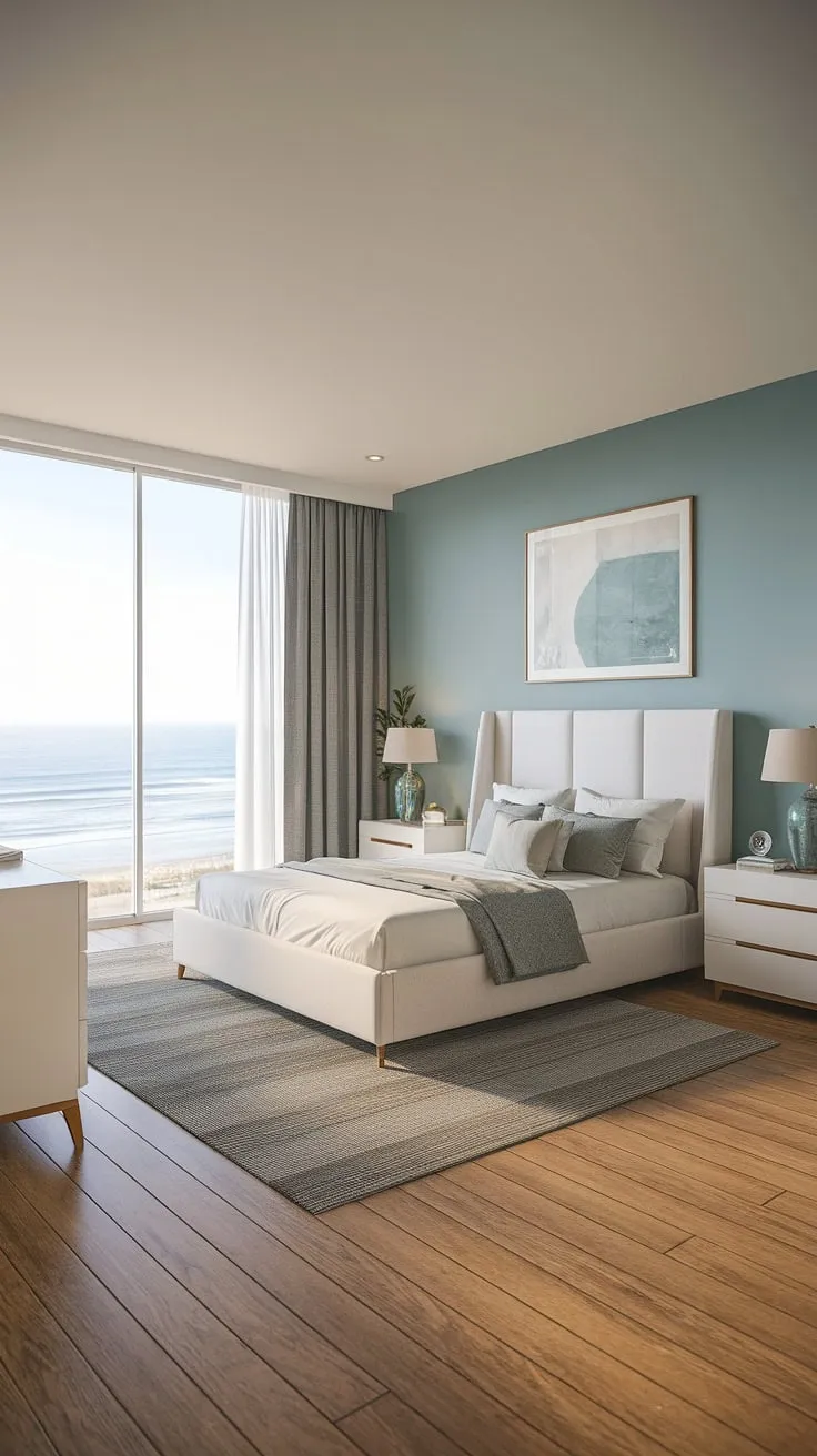 Wake up to the calming rhythm of the ocean in this modern coastal primary bedroom.  The serene aesthetic, featuring a modern bed and thoughtful master bedroom decor, creates the perfect main bedroom retreat.