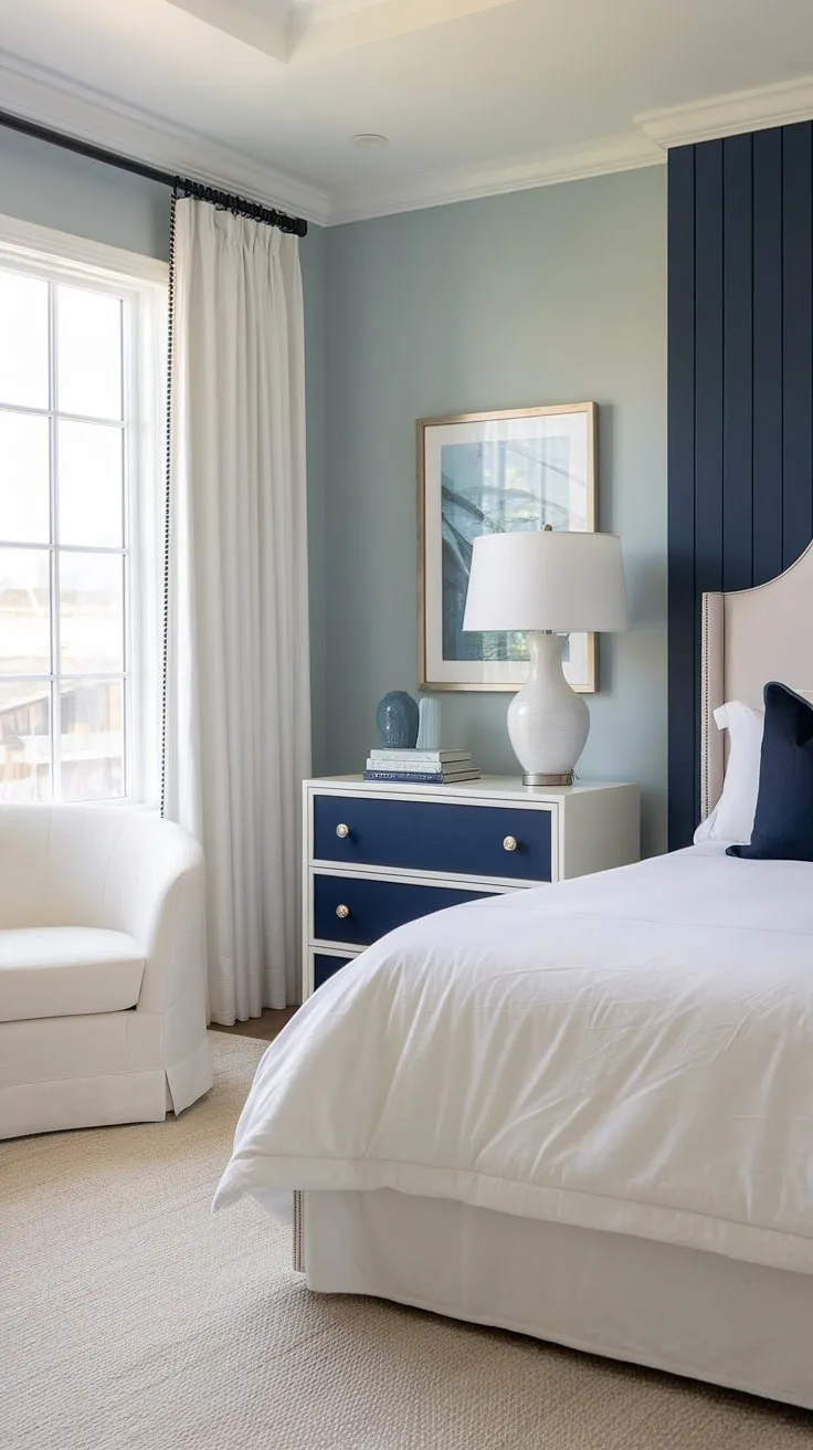Wake up to the calming rhythm of the ocean in this modern coastal primary bedroom.  The sophisticated master bedroom decor and modern bed create a serene bedroom aesthetic perfect for relaxation.