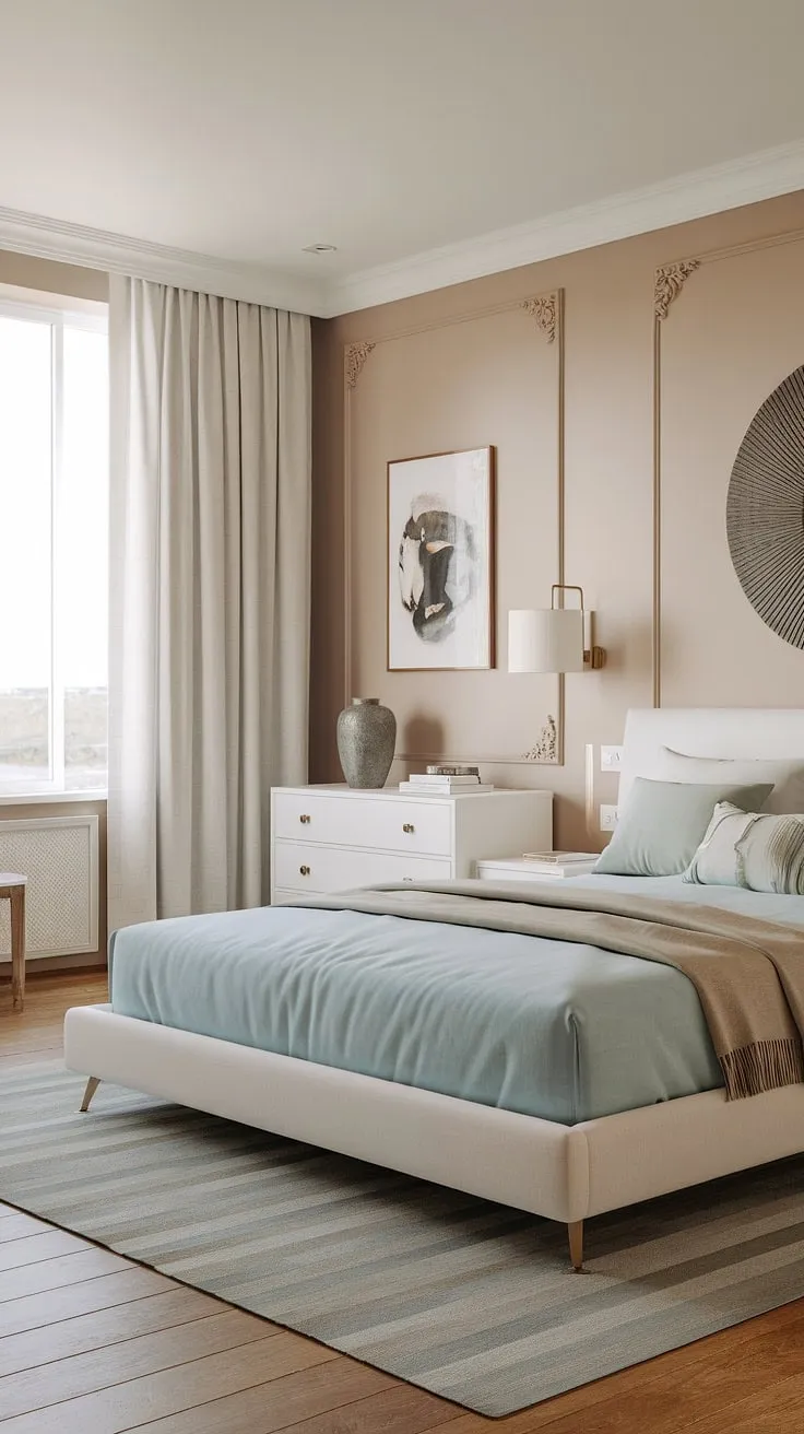 This main bedroom boasts a sophisticated modern coastal bedroom aesthetic.  The modern bed, light blue mattress, and white dresser contribute to the calming primary bedroom decor, making it the perfect master bedroom escape.  A space designed for ultimate comfort and style.