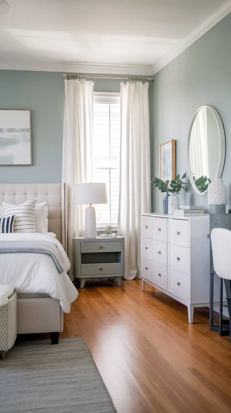 Wake up to the calming rhythm of the sea in this modern coastal primary bedroom.  The sophisticated master bedroom decor and modern bed create a serene and stylish main bedroom aesthetic, perfect for a restful retreat.