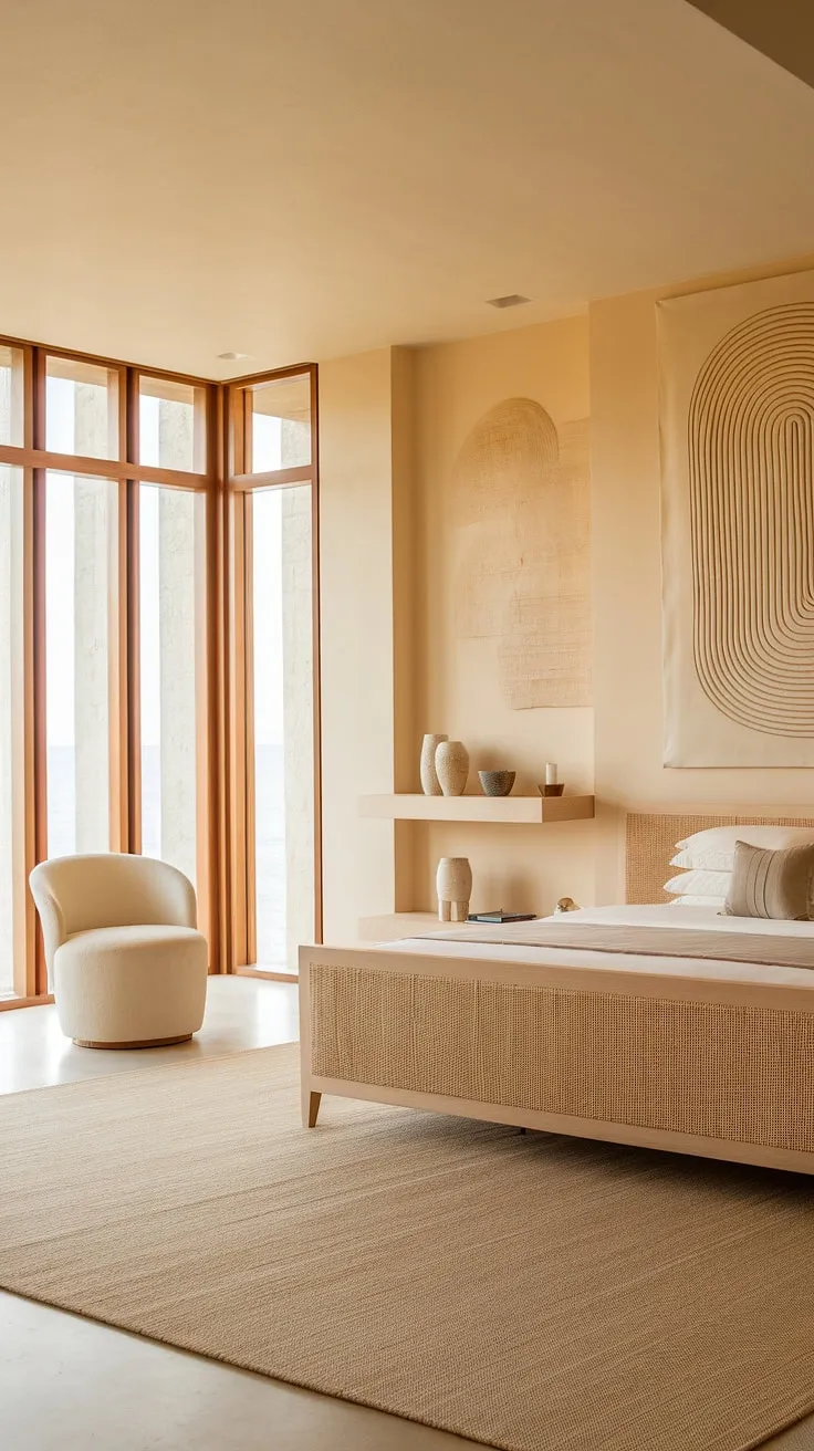 Wake up to the calming rhythm of the ocean in this modern coastal primary bedroom.  The sophisticated master bedroom decor and modern bed create a serene bedroom aesthetic perfect for relaxation.