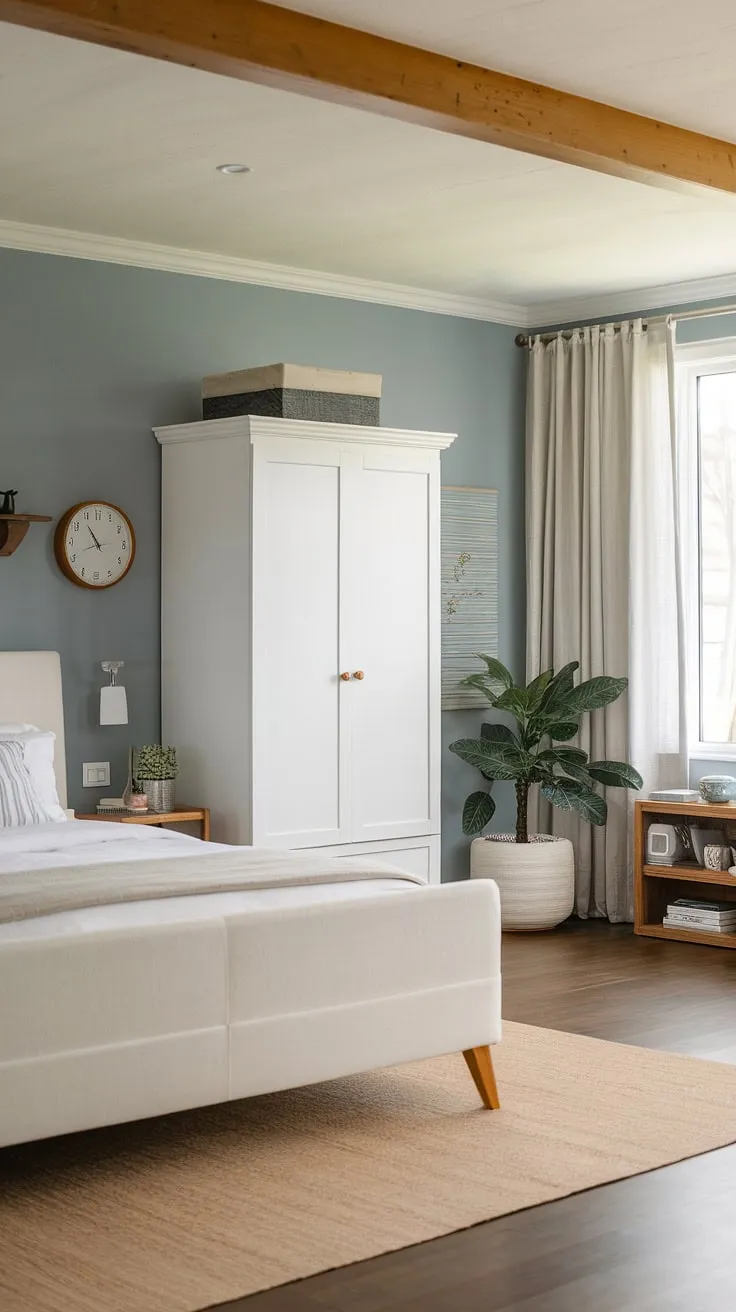 This modern coastal bedroom showcases the perfect blend of relaxed coastal vibes and sophisticated master bedroom decor. The modern bed and calming color palette contribute to a dreamy main bedroom aesthetic, making it the ultimate primary bedroom retreat.