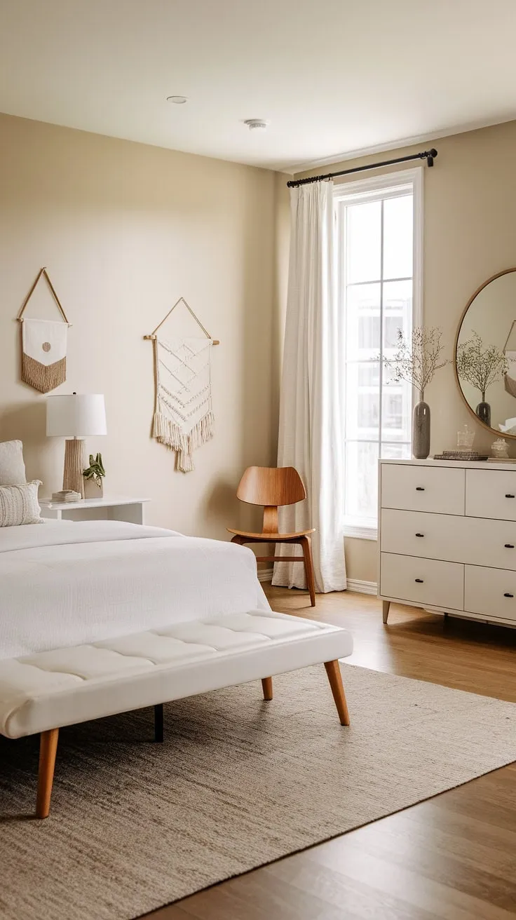This main bedroom embodies modern coastal living at its finest.  The carefully curated master bedroom decor and modern bed contribute to a stunning bedroom aesthetic, making it the perfect sanctuary.