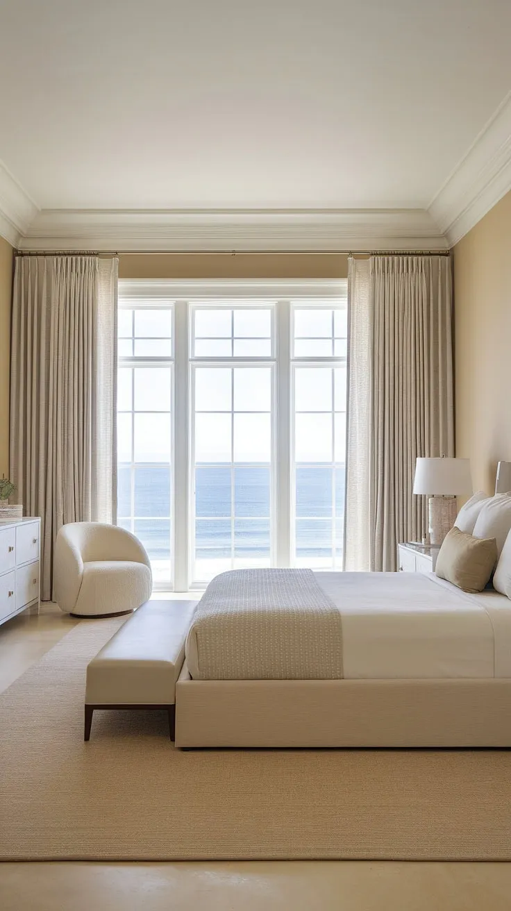 Wake up to the calming rhythm of the sea in this modern coastal primary bedroom.  The sophisticated master bedroom decor and modern bed create a serene and stylish main bedroom aesthetic, perfect for unwinding after a long day.