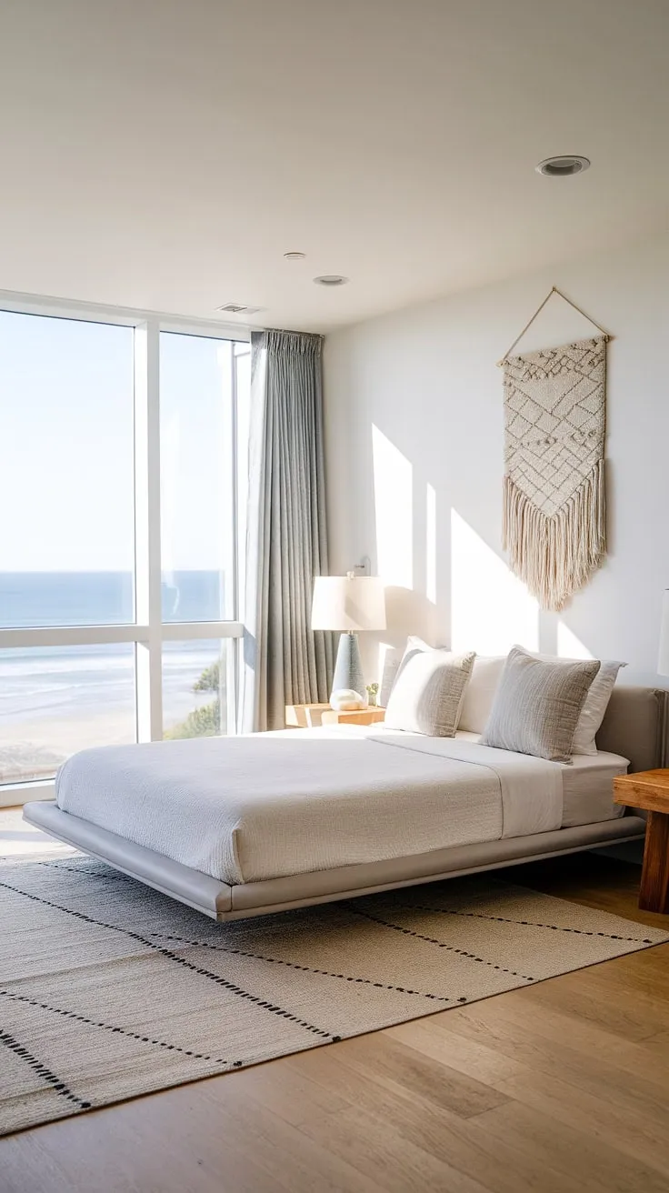 Wake up to the calming rhythm of the ocean in this modern coastal primary bedroom.  The serene aesthetic, featuring a modern bed and thoughtful master bedroom decor, creates the perfect main bedroom retreat.