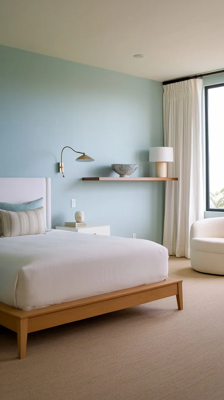 Wake up to the calming rhythm of the ocean in this modern coastal primary bedroom.  The sophisticated master bedroom decor and modern bed create a serene bedroom aesthetic perfect for relaxation.