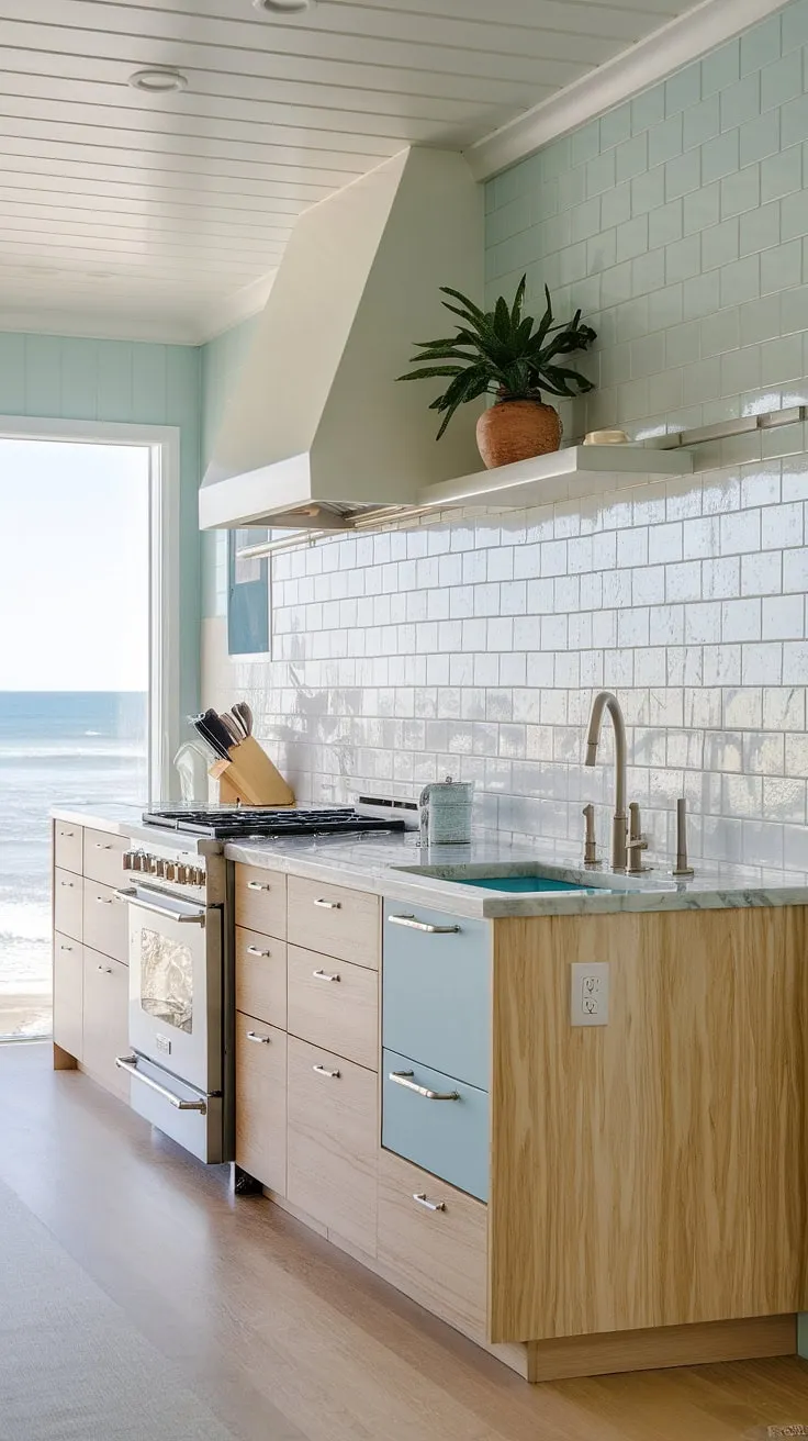 This stunning coastal kitchen renovation perfectly embodies modern beach house kitchen ideas.  The sleek design and captivating backsplash showcase the best of modern coastal design interiors, creating a space that's both stylish and functional, a true testament to modern coastal kitchens.