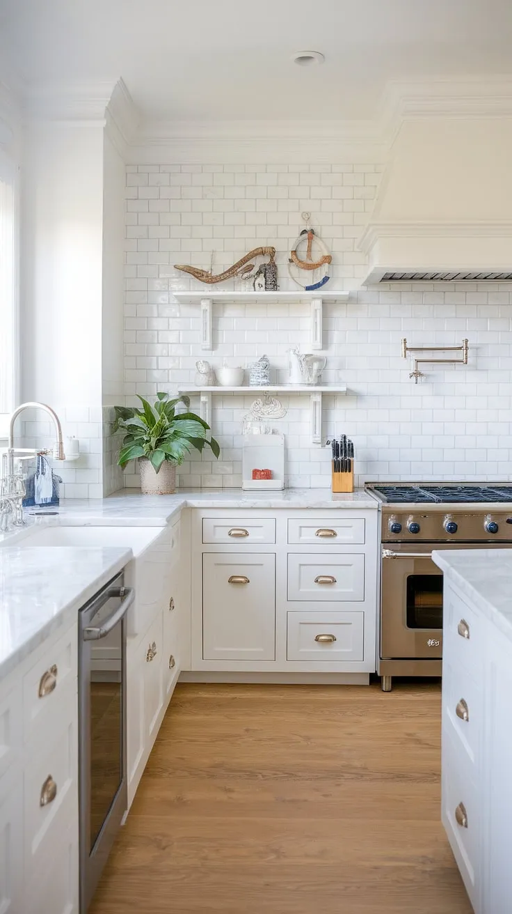 Transform your space with this inspiring modern coastal kitchen.  Our modern coastal kitchen backsplash ideas bring a touch of the ocean to this modern coastal kitchens design, creating the ultimate modern beach house kitchen.