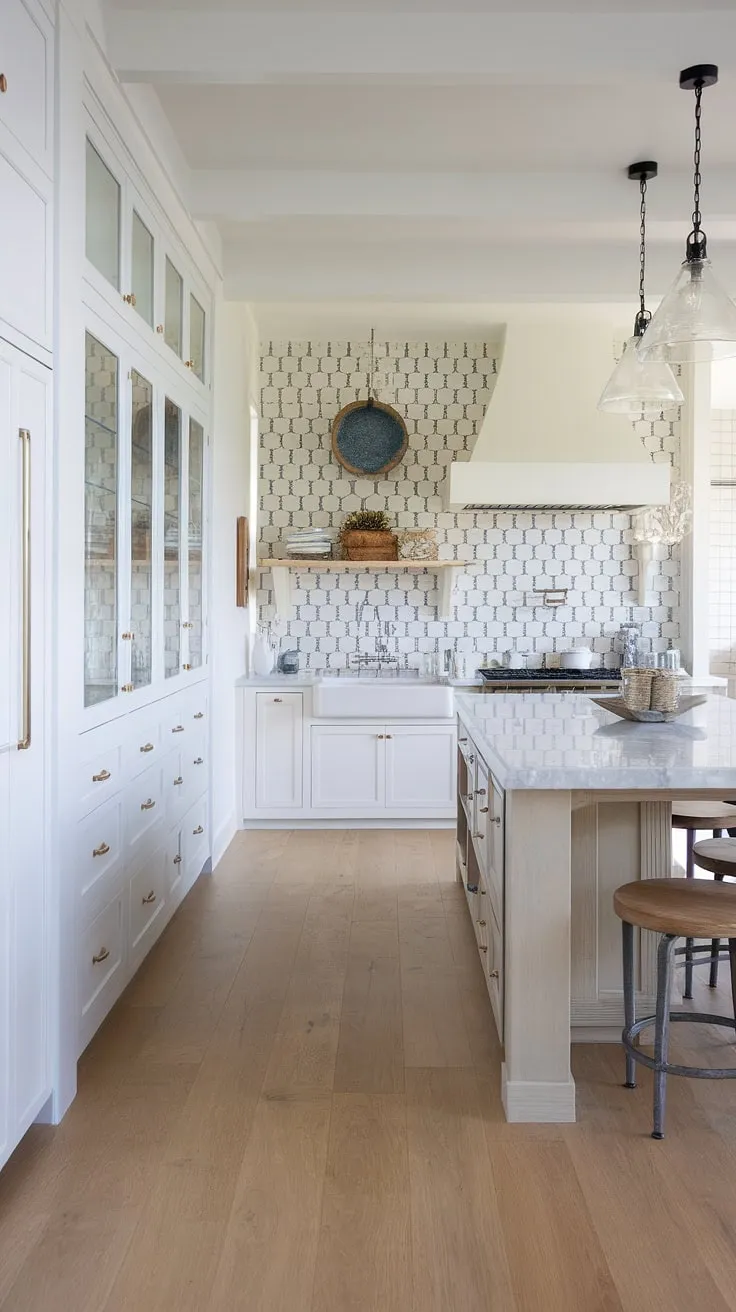 Dreamy modern coastal kitchen design achieved!  The light wood floors and white cabinetry create a clean, inviting atmosphere, while the stunning blue and white backsplash adds a touch of coastal charm.  This coastal kitchen renovation is a masterclass in modern coastal design interiors, brimming with modern beach house kitchen ideas and showcasing innovative modern coastal kitchen backsplash ideas within the broader context of modern coastal kitchens.
