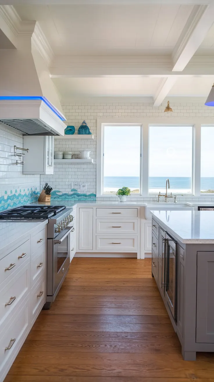 Modern coastal kitchen goals achieved! This coastal kitchen renovation is a masterclass in modern coastal design interiors.  The combination of white cabinetry, a grey island, and a breathtaking ocean view creates a truly inspiring space.  The unique wave-patterned backsplash offers a fresh take on modern coastal kitchen backsplash ideas, making this the perfect example of modern coastal kitchens for those seeking modern beach house kitchen ideas.