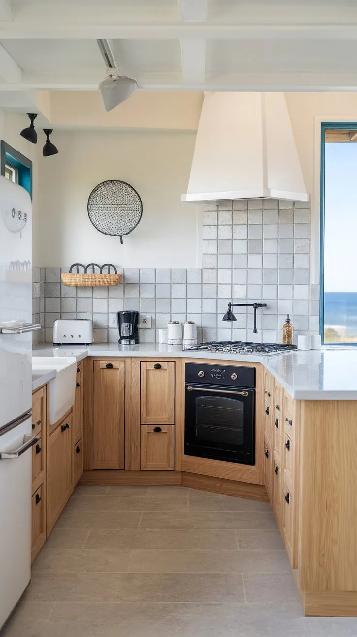 This stunning coastal kitchen renovation perfectly blends modern design with the relaxed vibe of a beach house.  Light wood cabinets, a white countertop, and a grey tile backsplash create a bright and airy space, while black accents add a touch of sophistication.  Get inspired by these modern coastal kitchen ideas for your own dream space.  The ocean view is just the cherry on top!